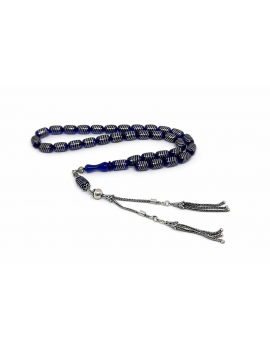 Mavi Renk Kapsül Kesim Gümüş İşlemeli Kehribar Tesbih