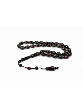 Oltu Taşı Yumurta Kesim Yoğun İşleme Mercanlı Tesbih