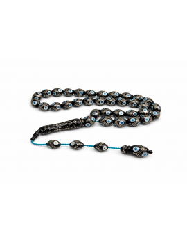 Oltu Taşı Yumurta Kesim Firuze Gümüş İşlemeli Tesbih