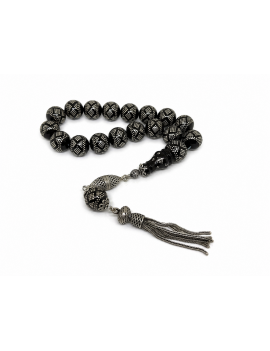 Oltu Taşı Yuvarlak Kesim 17'li EFE Model Yoğun Gümüş İşleme Oltu Tesbih